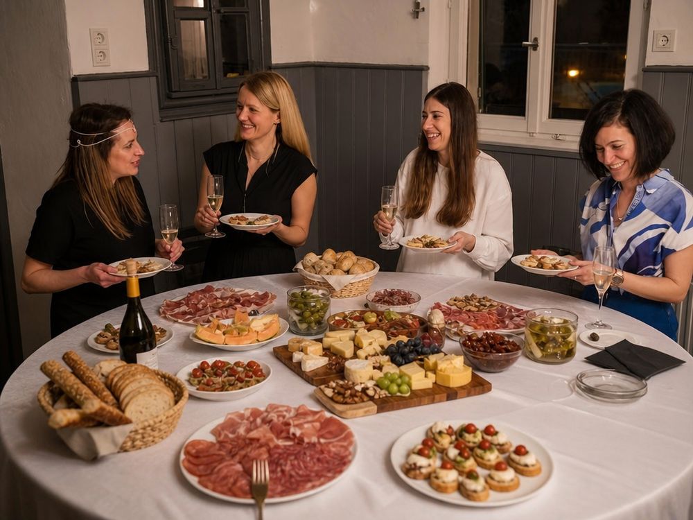Vier Personen mit Sekt am Kalt-Buffet im Raum18