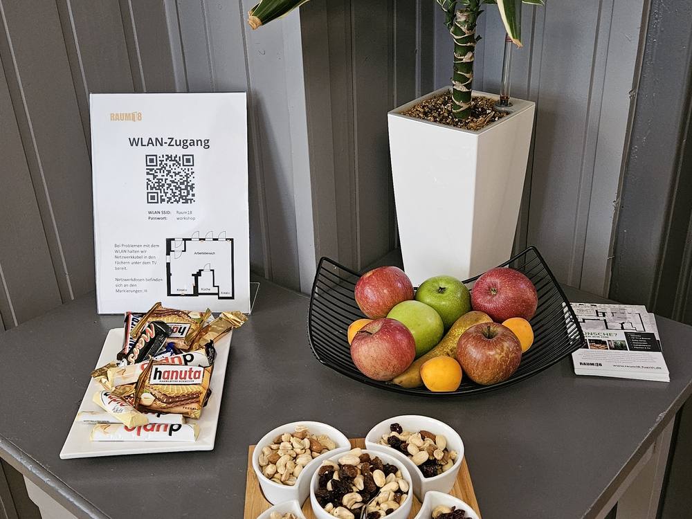 Beistelltisch mit Obstkorb, Nüssen, Süßigkeiten und der WLAN-Karte